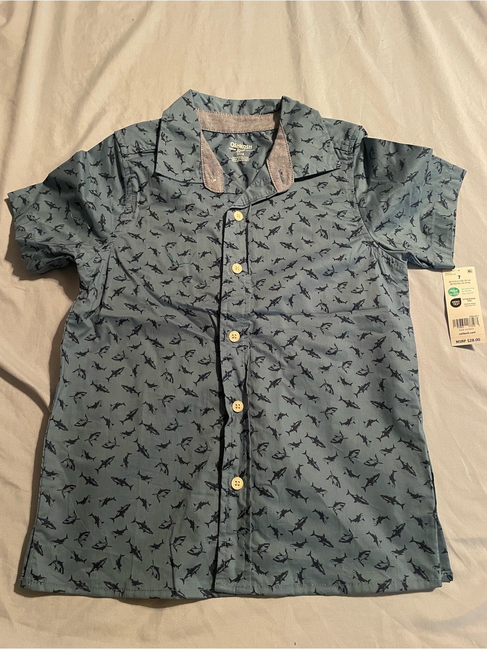 OshKosh B'gosh Light Blue Short Sleeve Shark Print Button-Up Shirt